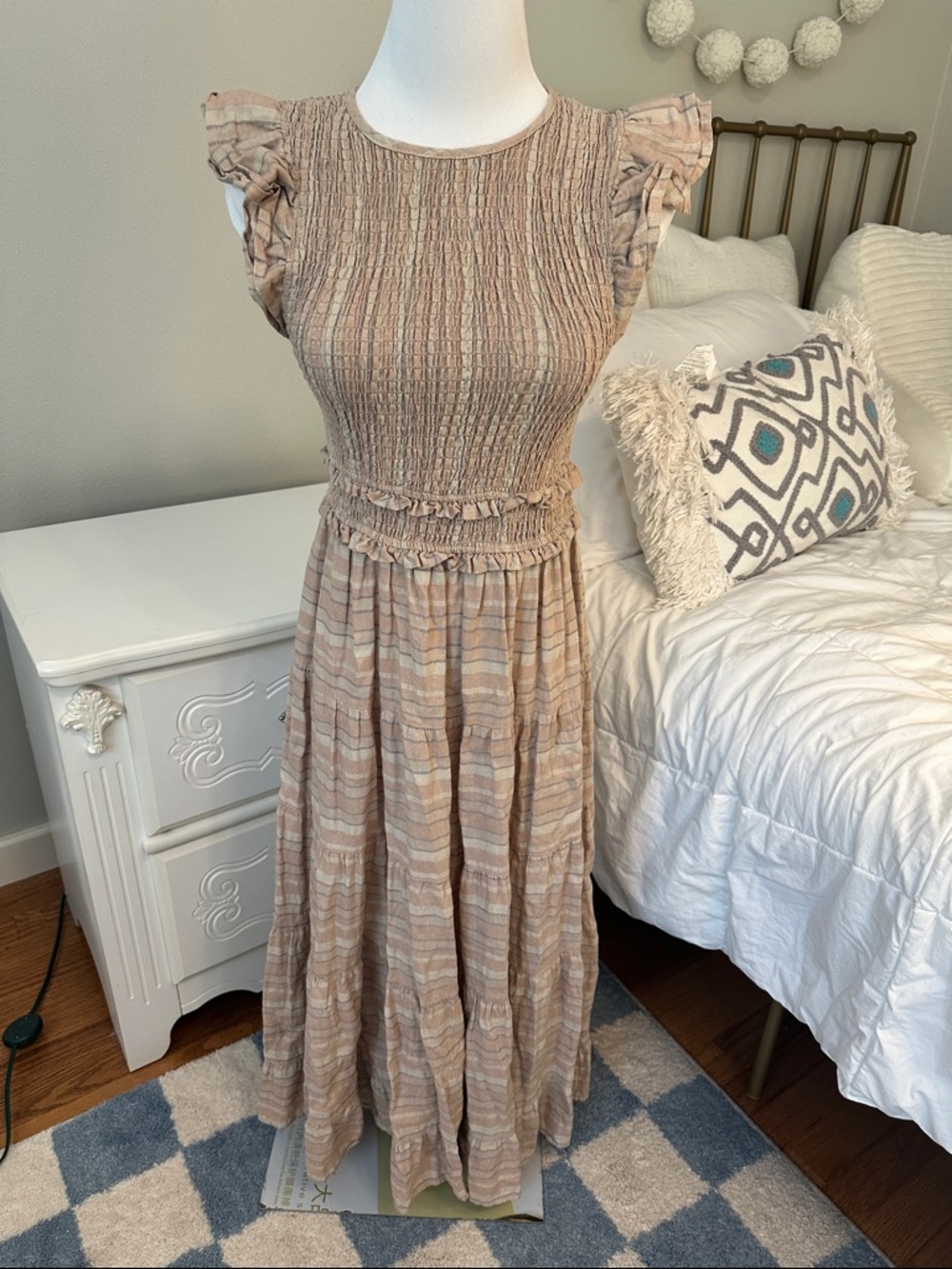 Storia Beige Striped Ruffle Maxi Dress